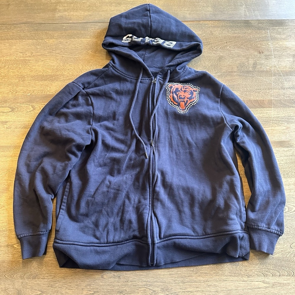 Chicago‎ Bears Jacket Women's Medium Blue Full Zip Hooded NFL Pockets Bedazzled